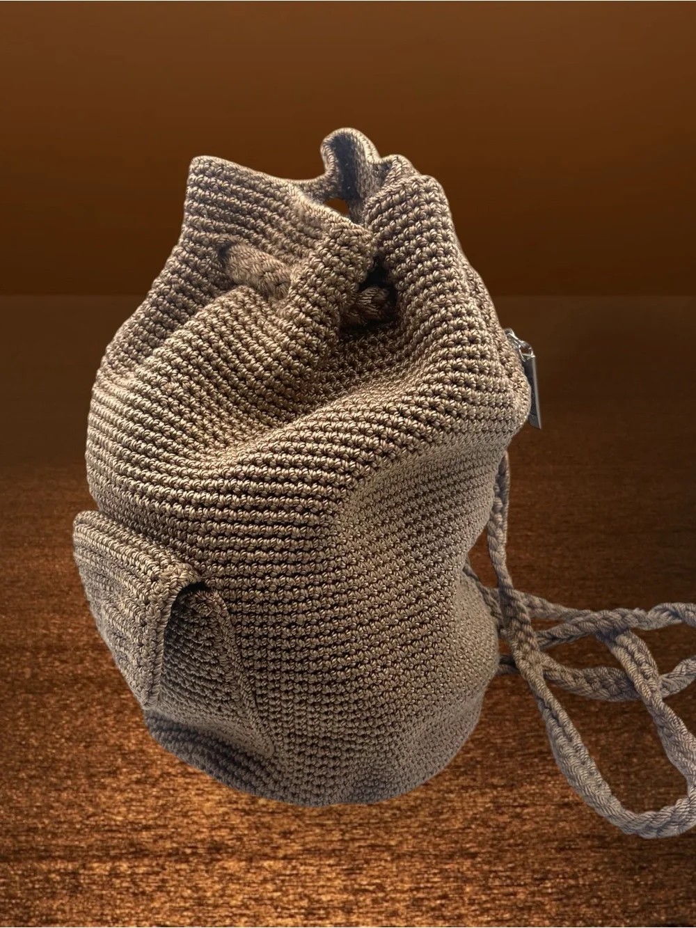 Vintage The Sak Beige Crochet Drawstring Backpack Boho Bucket Bag